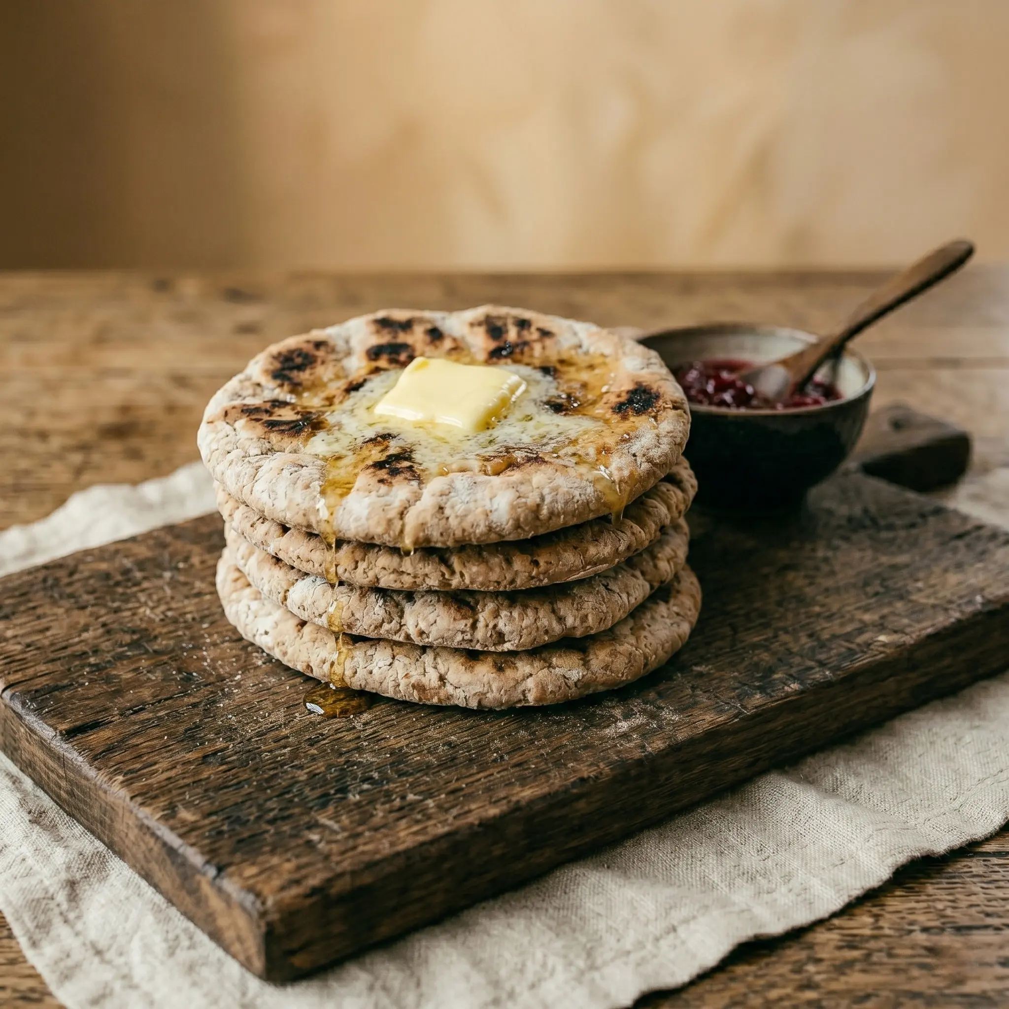 Stack of traditional Sámi gáhkku flatbreads on a wooden board with melting butter and a bowl of lingonberry jam