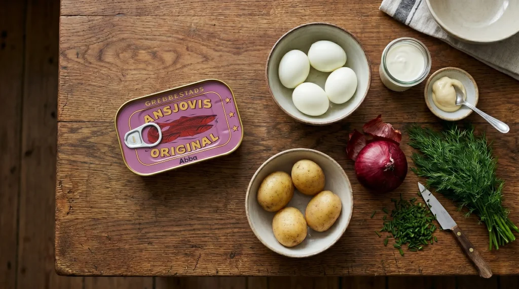 Gubbröra ingredients laid out on a wooden table — a tin of Grebbestads ansjovis, hard-boiled eggs, potatoes, red onion, chives, dill, mayonnaise and crème fraîche