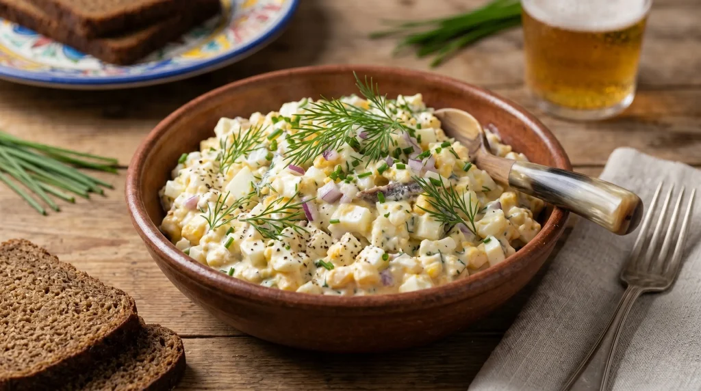 Classic gubbröra Swedish egg salad in a rustic wooden bowl, served with dark rye bread and a cold lager