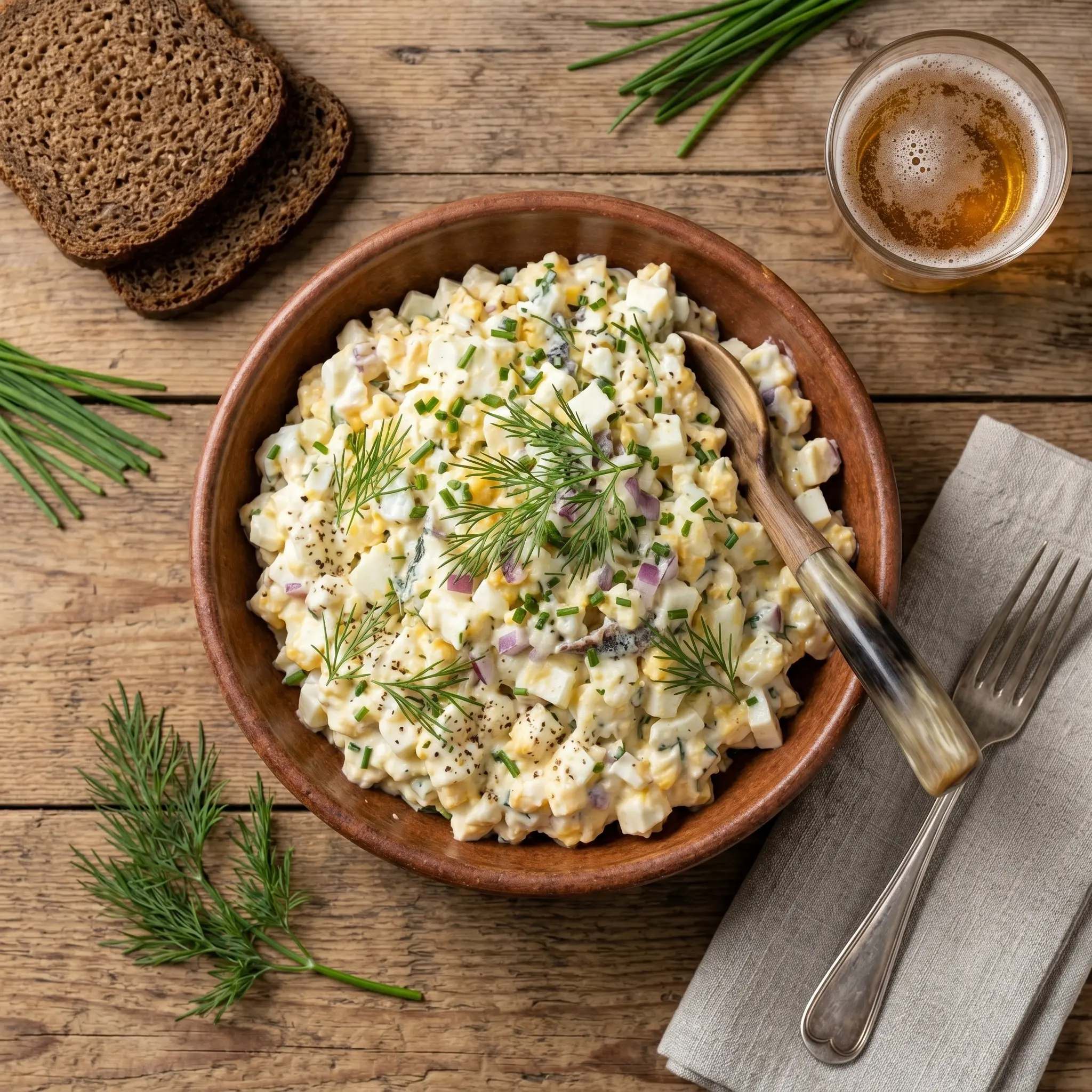 Top-down view of gubbröra Swedish egg and sprat salad in a wooden bowl, garnished with fresh dill and chives, served with rye bread