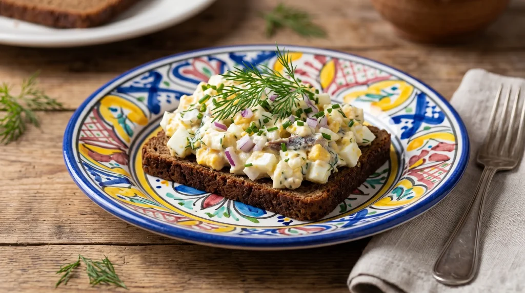 Gubbröra Swedish egg and sprat salad served on dark rye bread on a colorful folk-painted ceramic plate