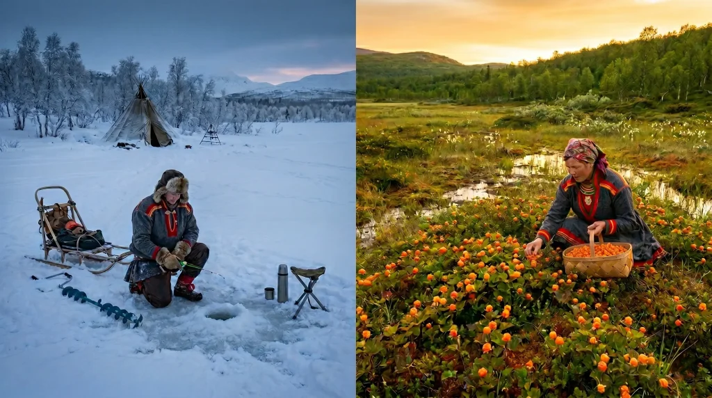 Two Sámi seasons side by side: a person ice fishing on a frozen lake in winter, and a woman in traditional Sámi dress harvesting cloudberries in a summer bog