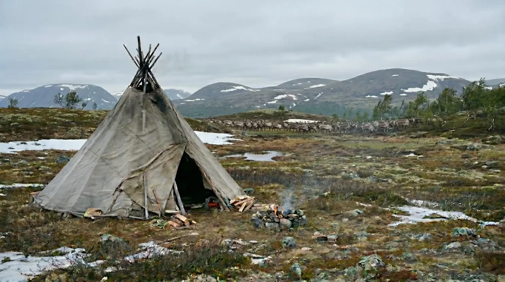 Traditional Sámi lavvu tent with a small fire on Arctic tundra, a reindeer herd moving across the hillside in the background