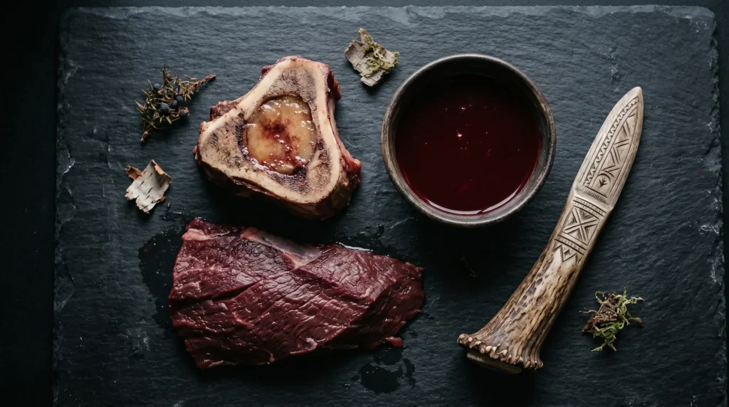 Overhead flat lay of reindeer bone marrow, raw meat, and a bowl of blood on dark slate, with a carved Sámi antler knife
