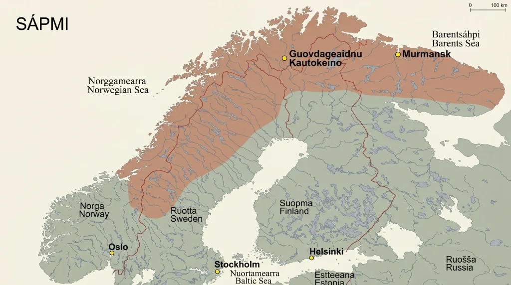 Map of Sápmi, the traditional homeland of the Sámi people, spanning northern Norway, Sweden, Finland, and the Kola Peninsula in Russia
