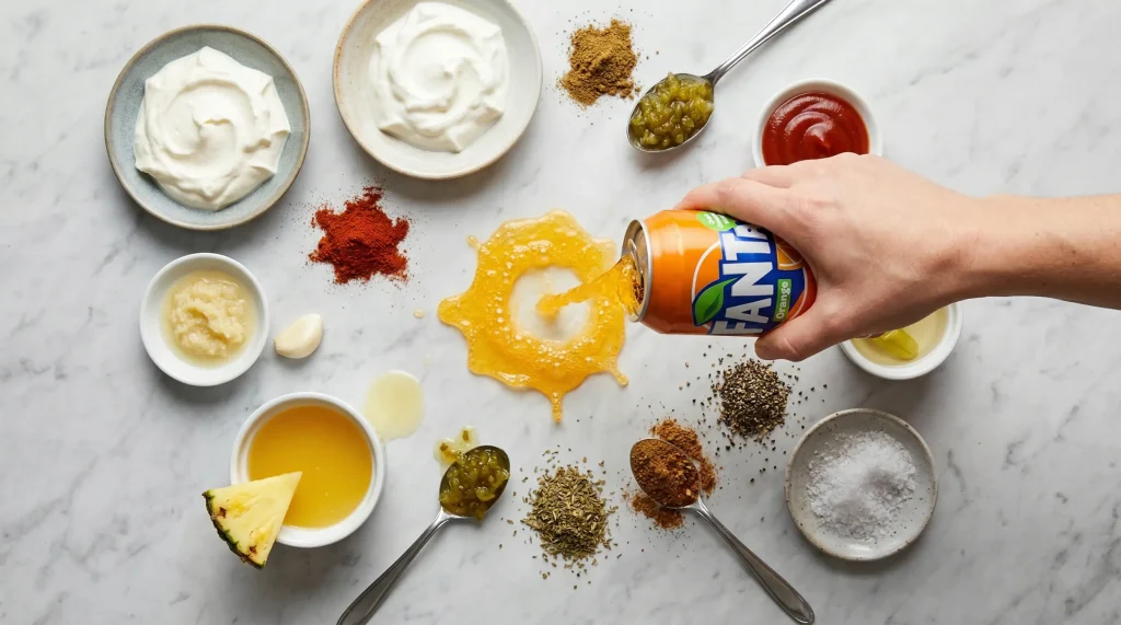 A top-down flatlay on a marble surface showing various sauce ingredients like yogurt, spices, garlic, and pineapple juice, with orange Fanta being poured into the center.