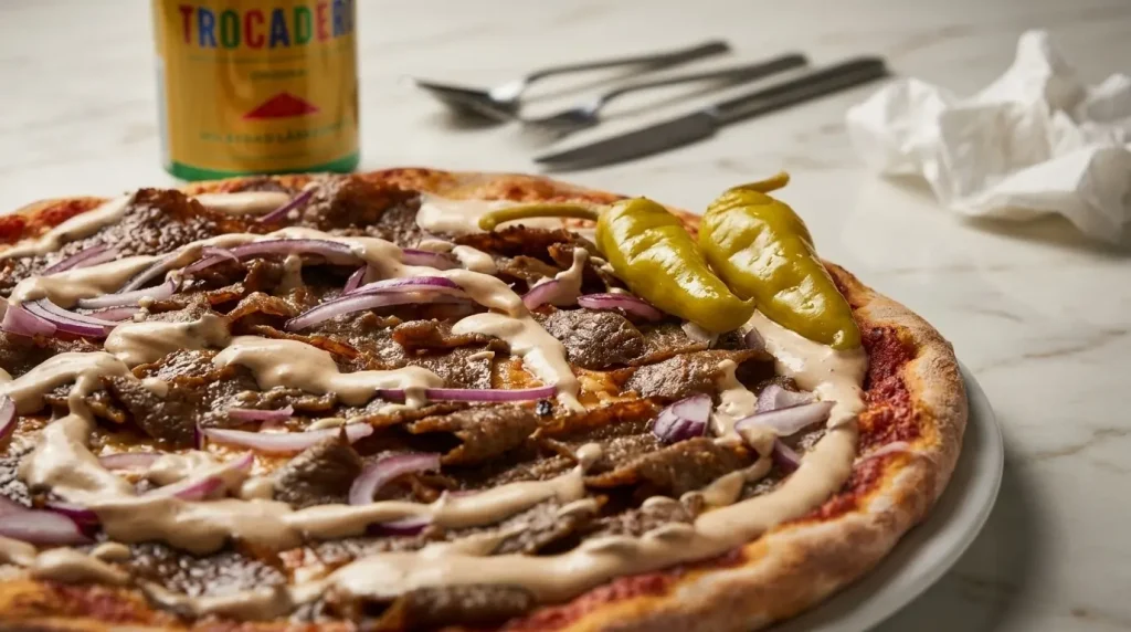 A close-up, appetizing shot of a thin-crust pizza heavily loaded with shaved, spiced kebab meat, sliced red onions, a heavy drizzle of creamy garlic sauce, and two whole pickled green peppers. A can of Swedish soda sits blurred in the background.