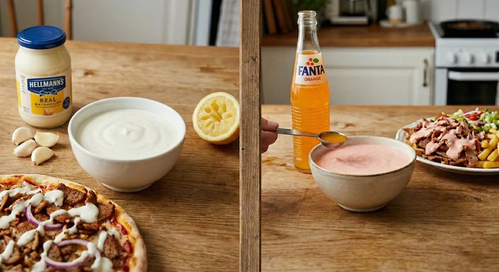 A split-screen image displaying the components of Swedish kebab culture. The left side shows creamy white garlic sauce, mayonnaise, lemon, and garlic next to a slice of pizza. The right side features a bottle of orange soda, a bowl of pink kebab sauce (Jönköping blandsås), and a plate of shaved kebab meat, fries, and salad.