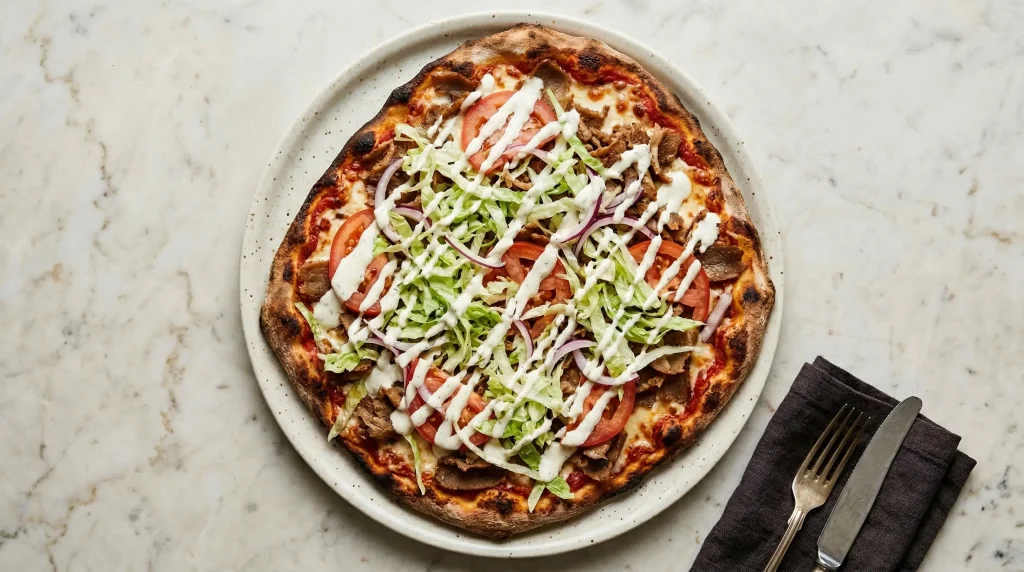 Swedish Kebab Pizza Topped with Fresh Iceberg Lettuce
