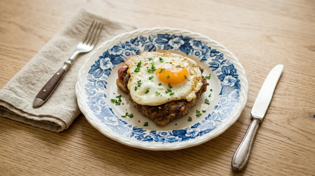 An open-faced Swedish Opera House Sandwich (Operasmörgås) featuring a seared beef patty on toast, topped with a sunny-side-up fried egg and fresh parsley on a blue floral plate .