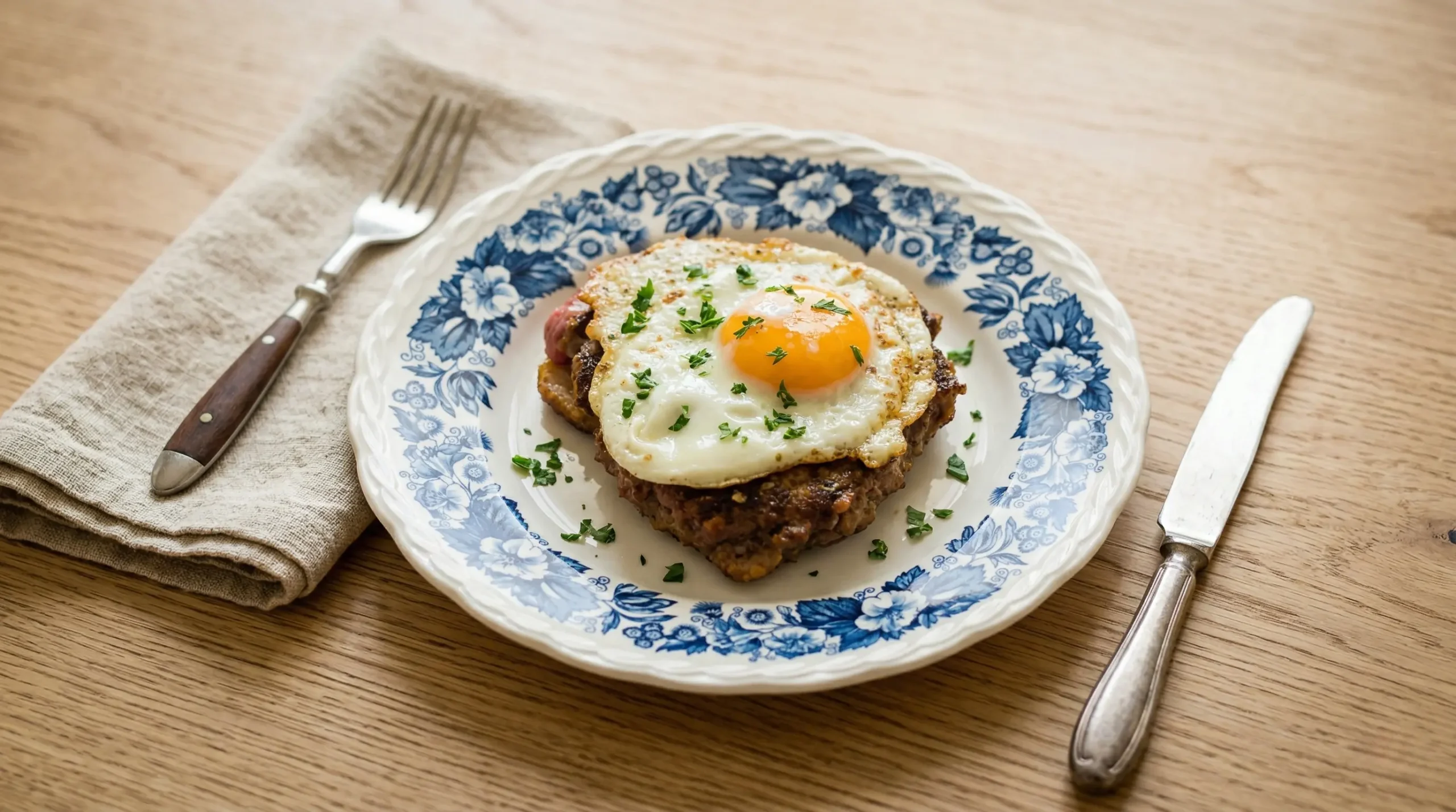 An open-faced Swedish Opera House Sandwich (Operasmörgås) featuring a seared beef patty on toast, topped with a sunny-side-up fried egg and fresh parsley on a blue floral plate .