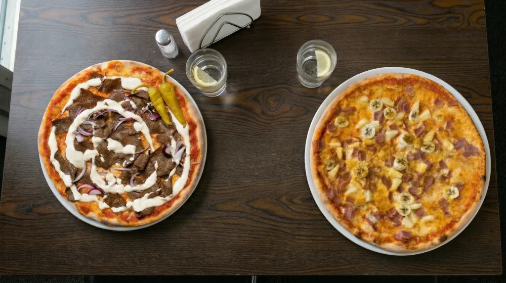 Top-down view of a dark wooden restaurant table with two large pizzas. On the left is a savory kebab pizza topped with meat, white sauce, onions, and whole green peppers. On the right is a pizza topped with ham, pineapple, and sliced bananas.