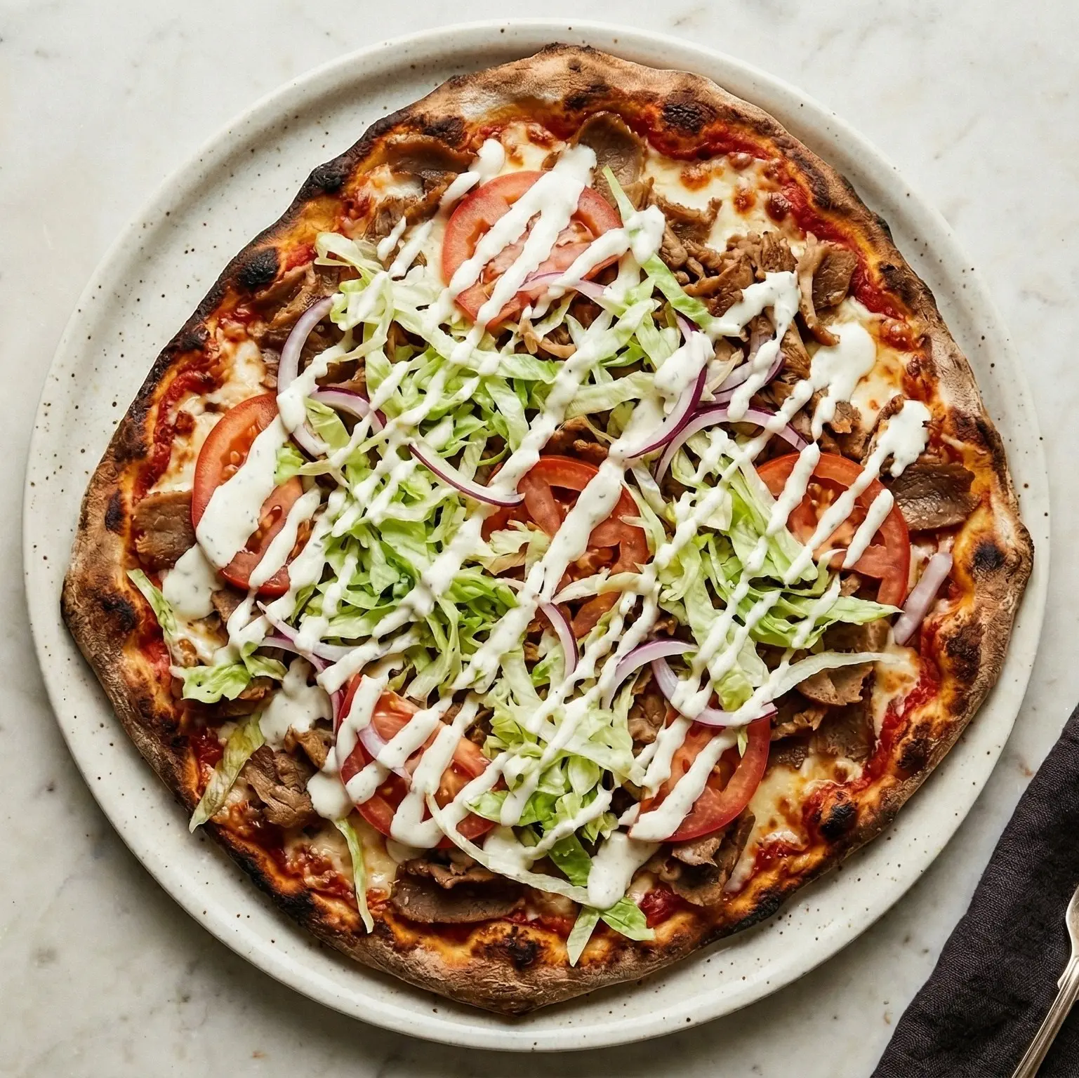 A fully loaded Swedish kebab pizza (kebabpizza) on a white speckled plate, topped with döner meat, shredded iceberg lettuce, sliced tomatoes, red onion rings, and creamy white garlic sauce drizzled over the top