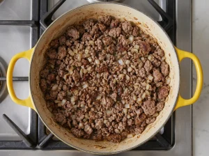 Browned ground beef and diced onion in a yellow Dutch oven on a gas stove