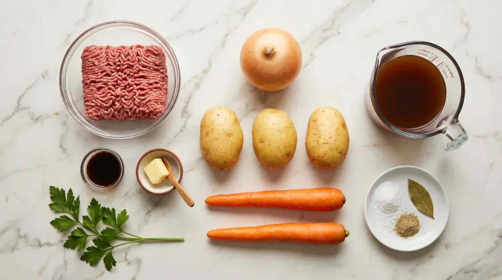 Ingredients for jukse lapskaus laid out on marble surface including ground beef, Yukon Gold potatoes, carrots, onion, beef broth, butter, Worcestershire sauce, and spices