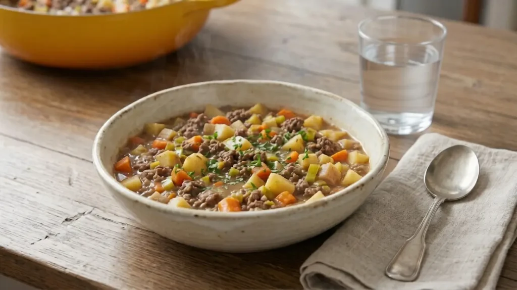 Jukse lapskaus Norwegian ground beef stew with root vegetables in a rustic ceramic bowl