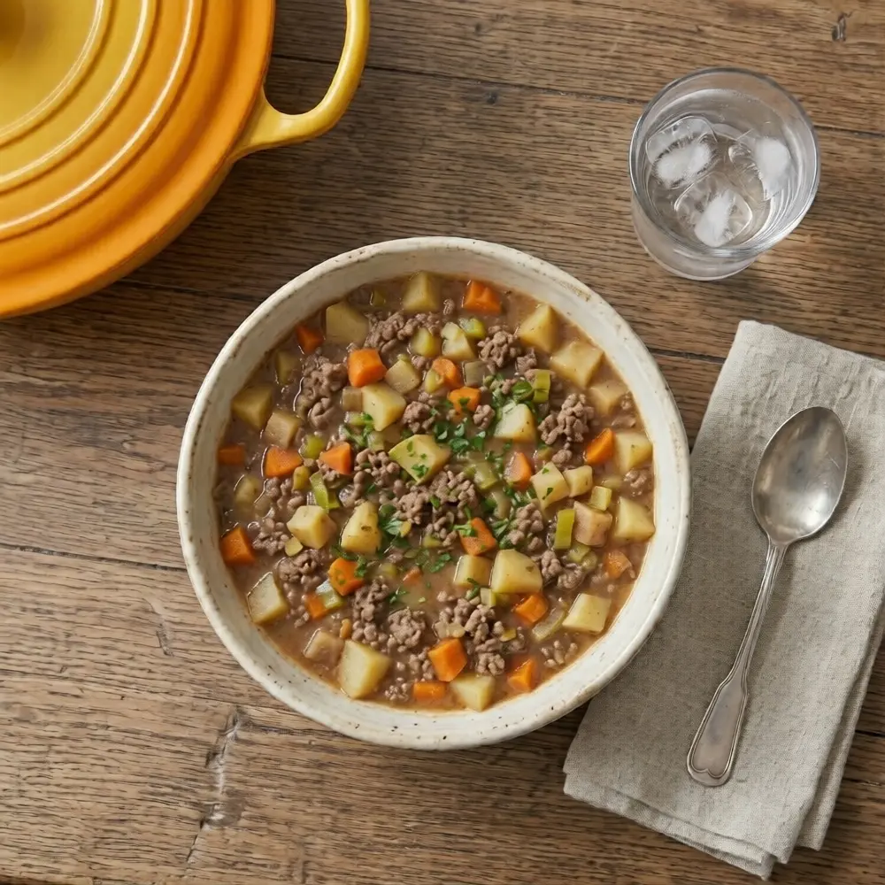 Bowl of jukse lapskaus Norwegian ground beef stew on a rustic wooden table, served with crusty bread, a yellow Dutch oven, and a glass of water