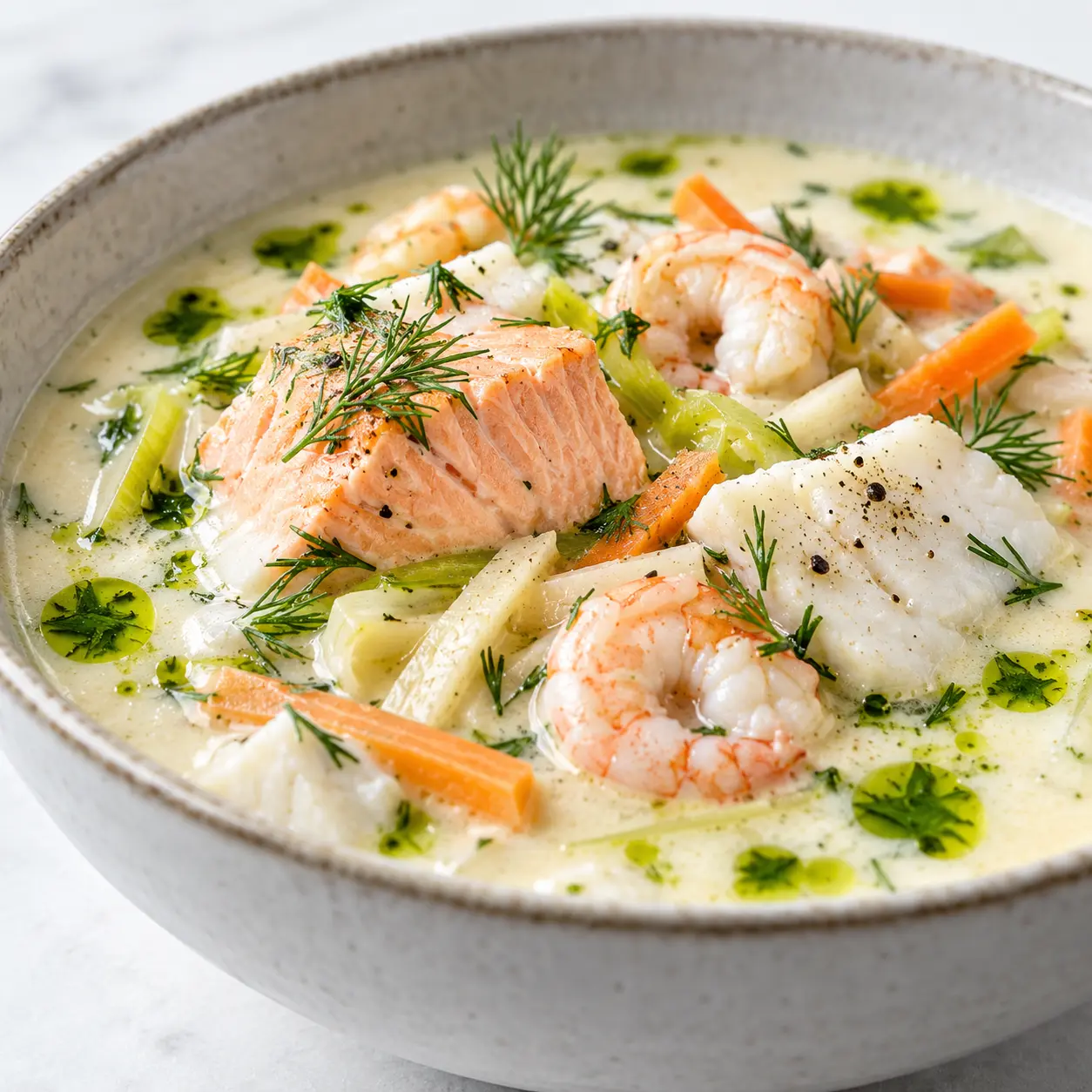Creamy Norwegian fish soup with salmon, cod, shrimp, carrots, leek, dill, and green dill oil.