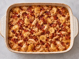 Baked Flying Jacob casserole topped with banana, bacon, and roasted peanuts ready to serve