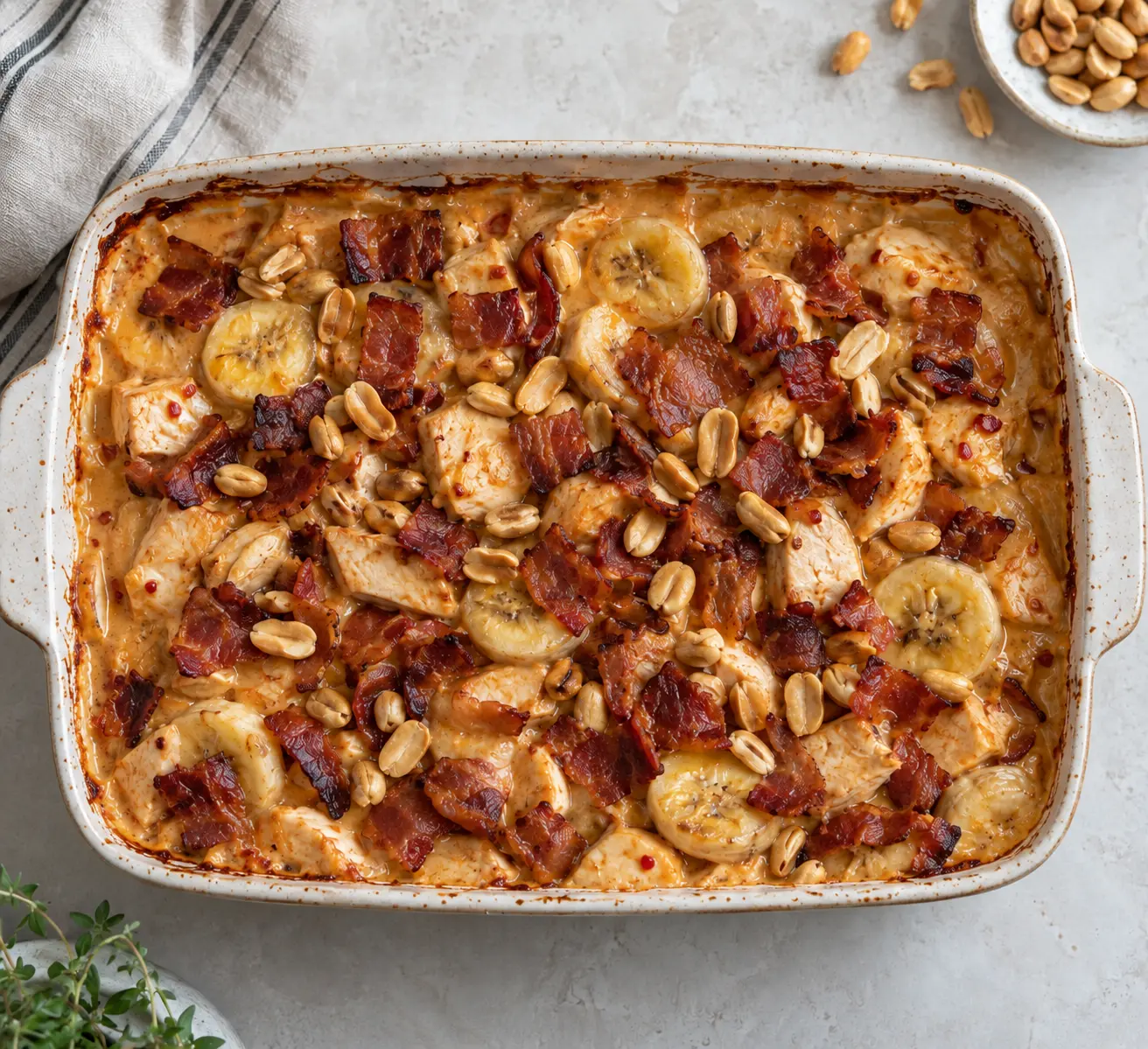 Baked Flying Jacob casserole topped with banana, bacon, and roasted peanuts