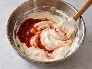 Tomato chili sauce being folded into softly whipped cream for Flying Jacob