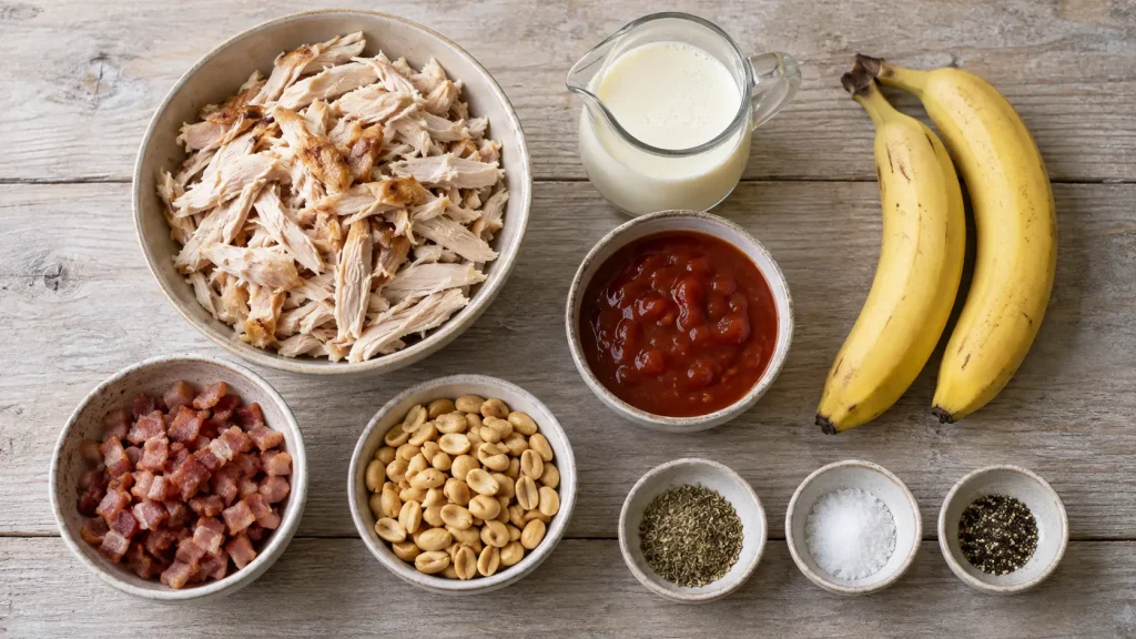 Ingredients for Flying Jacob including chicken, bananas, cream, chili sauce, bacon, and peanuts