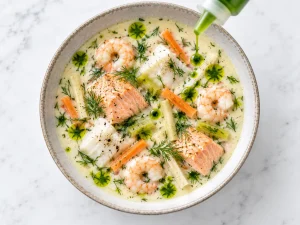 Dill oil being drizzled over creamy Norwegian fish soup with salmon, cod, shrimp, and fresh dill.