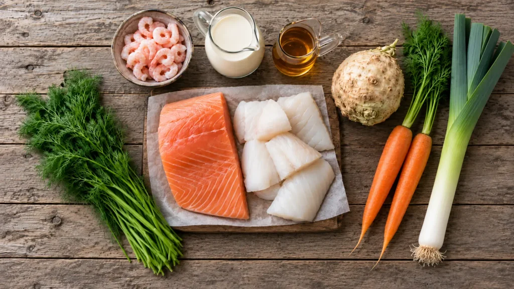 Norwegian fish soup ingredients with salmon, cod, shrimp, leek, celeriac, carrots, dill, cream, and vinegar.
