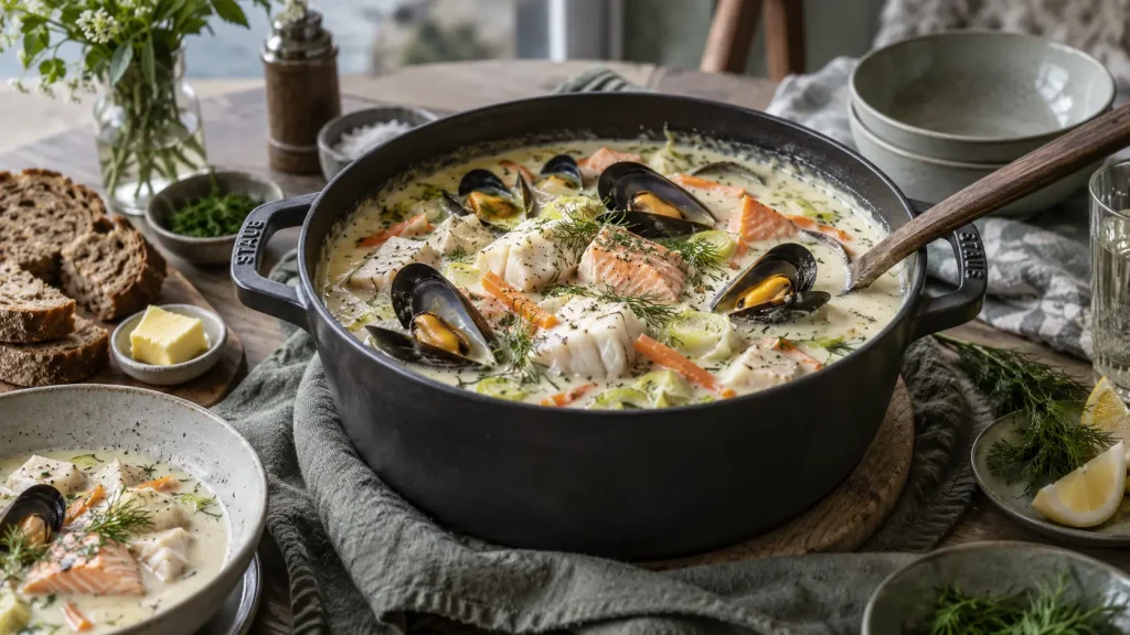 Creamy Norwegian fish soup with salmon, cod, mussels, leeks, carrots and fresh dill in a cast-iron pot.
