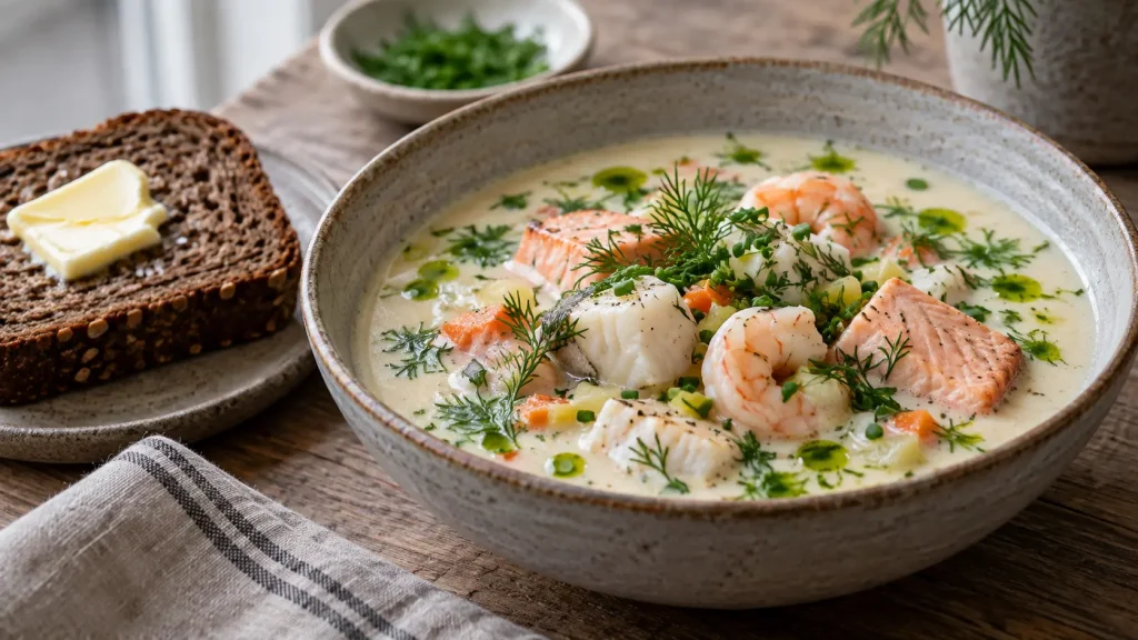 Creamy Norwegian fish soup with salmon, cod, shrimp, dill, chives, and dill oil served with buttered rye bread.