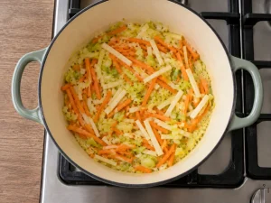 Leek, carrot, and celeriac cooking in butter in a pot for Norwegian fish soup.