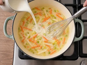 Milk being whisked into the vegetable and fish stock base for Norwegian fish sou