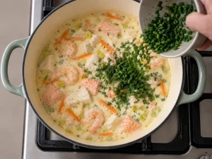 Fresh dill and chopped chives being added to creamy Norwegian fish soup with salmon, cod, and shrimp.