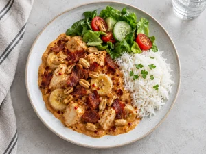 Plate of Swedish Flying Jacob with rice and green salad